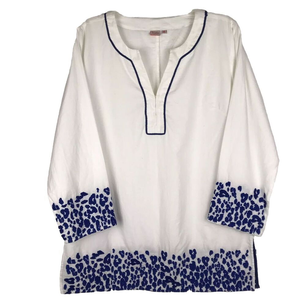 Persifor Embroidered Tunic Long Sleeve White Blue Cotton Resort Beach Sz Medium